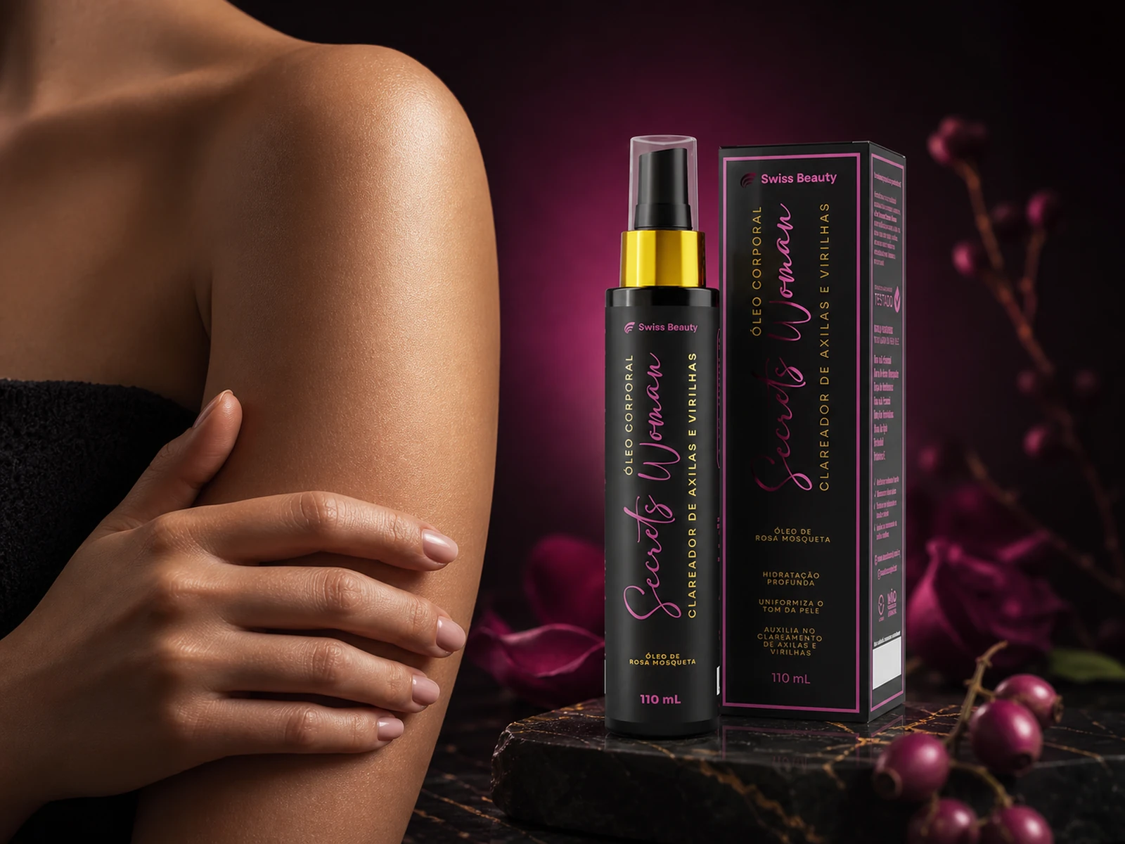 Secrets Woman Swiss Beauty ao lado de pele hidratada em cenário preto e magenta
