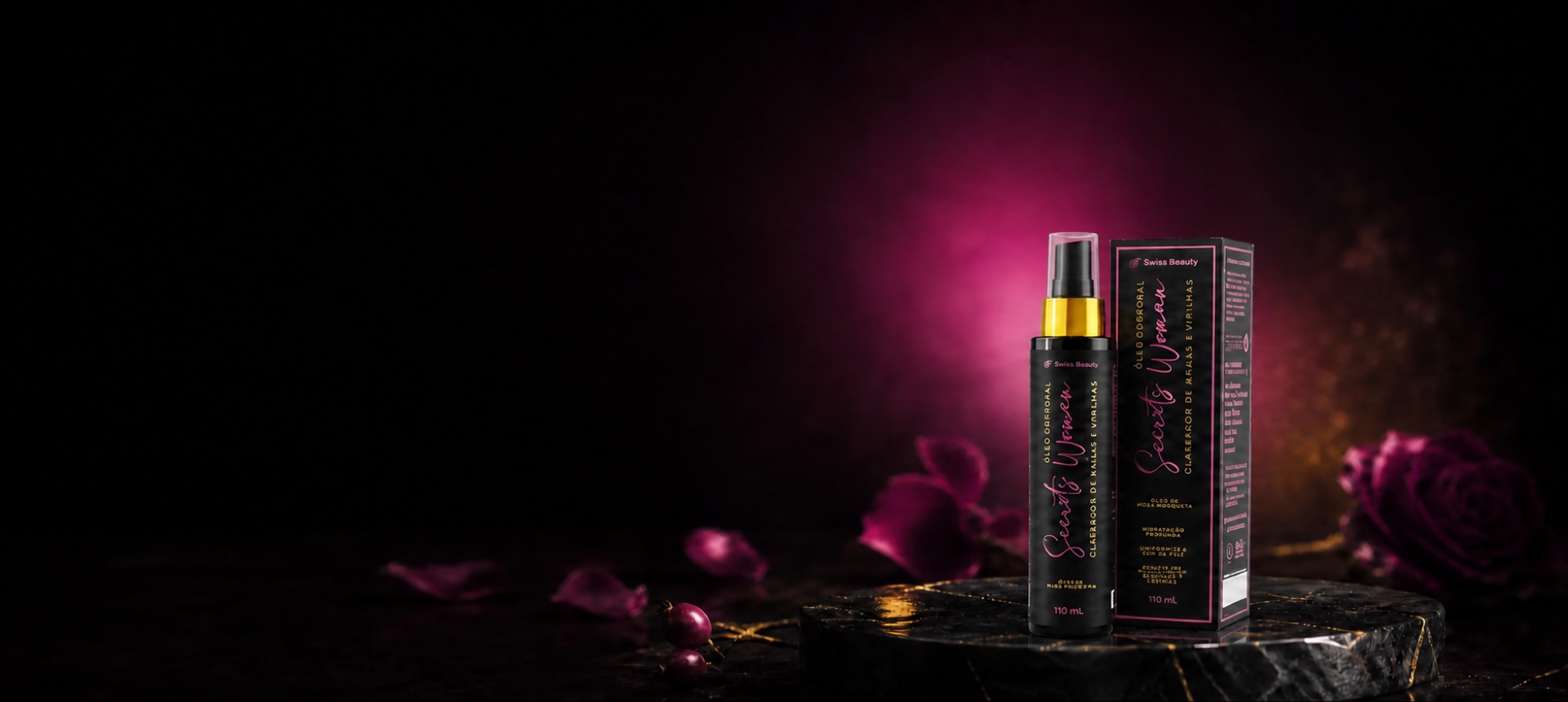 Óleo Corporal Clareador Secrets Woman 110 ml Swiss Beauty em campanha preta e magenta