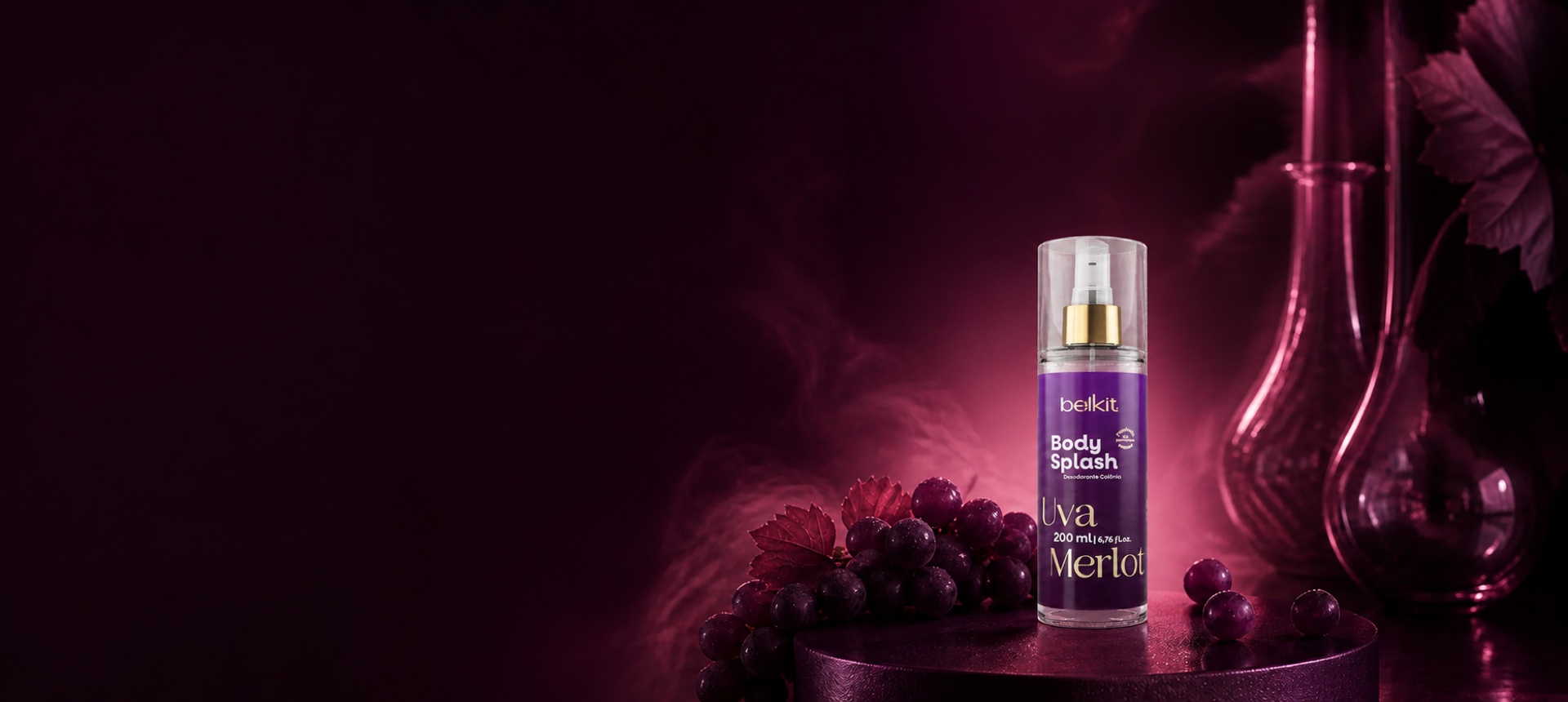 Body Splash Uva Merlot 200 ml Belkit em campanha de lançamento vinho e ameixa